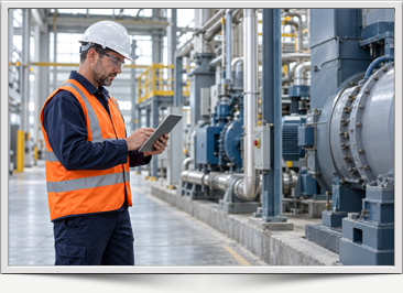 Safety supervisor in an orange vest using a tablet beside industrial equipment, with the screen hidden